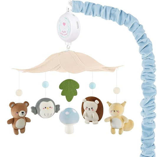 Woodland Crib Mobile – Animals Baby Mobile for Crib with Upgraded 3-Mode Music Box, Blue Nursery Mobiles for Boys & Girls, Fits Standard Cribs, Forest Nursery Decor
