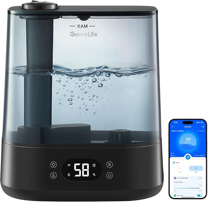 GoveeLife Smart Humidifiers for Bedroom, 6L Cool Mist Top Fill for Large Room, Humidity Sensor, Auto Mode, 60H Quiet Runtime, Schedule, WiFi Humidifier for Baby Plant, Compatible with Alexa, Black