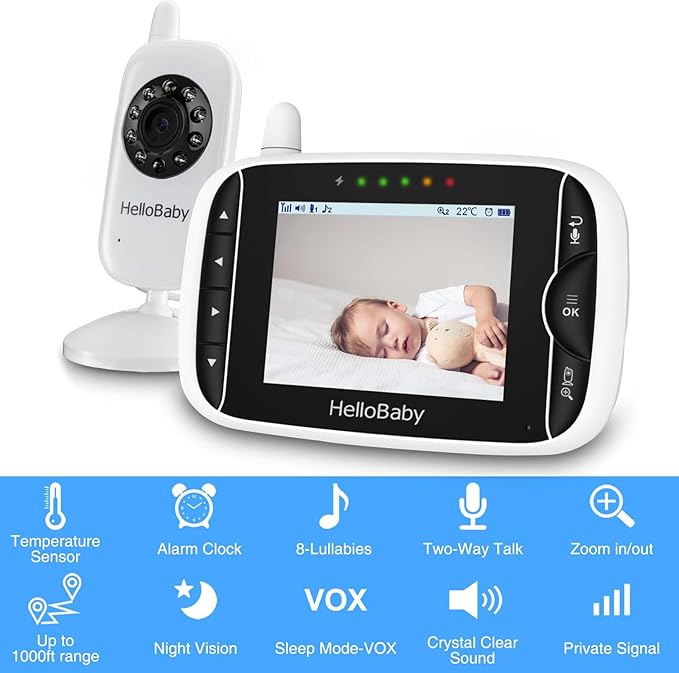 Video Baby Monitor with Camera and Audio, 3.2Inch LCD Display, Infrared Night Vision, Two-Way Audio and Room Temperature Monitoring,Lullaby,Sound Activated Screen