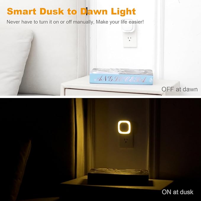 2 Pack Plug in Dimmable Night Light, Square Nightlight, Auto Dusk to Dawn Sensor, Soft Glow, Diffused Light, Golden Yellow Light for Bathroom, Hallway, Stairs, Kitchen, Bedroom, Garage