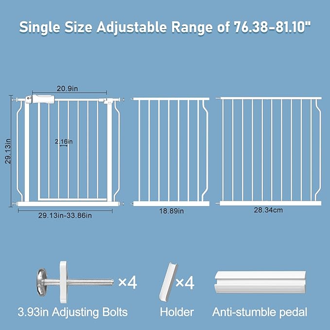 ALLAIBB Extra Wide Pressure Mount Baby Gate Auto Close White Metal Child Dog Pet Safety Gates with Walk Through for Stairs,Doorways,Kitchen and Living Room (76.38-81.10"/194-206cm)