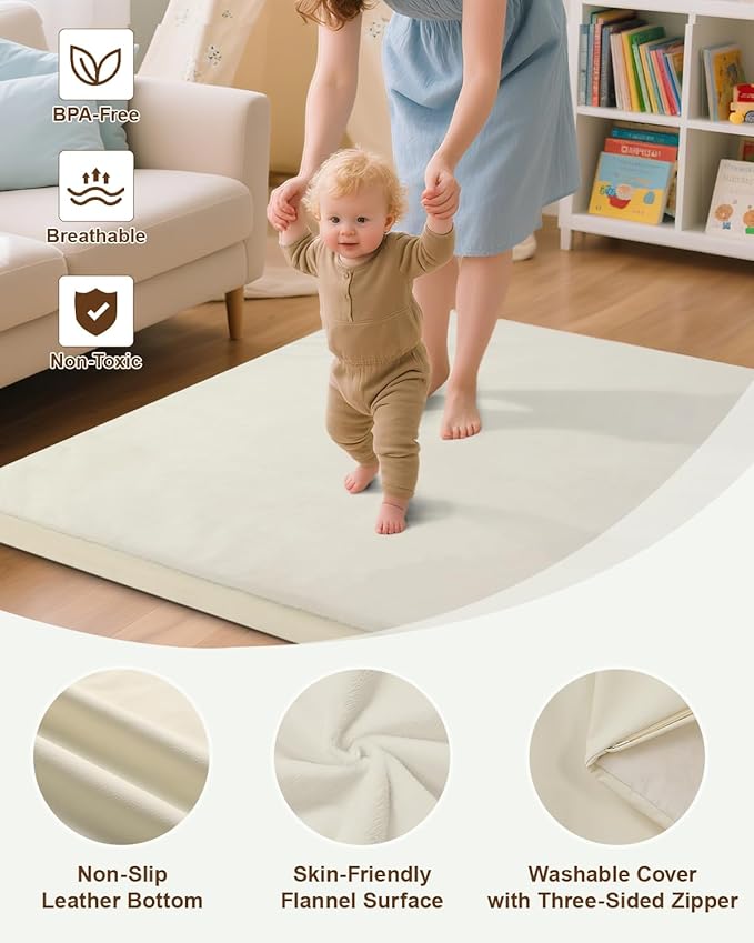 Baby Play Mat for Floor,1.2"Thick Padded Foam 50x50 playpen mat, Soft Velvet&Non-Slip Leather,Removable&Washable Cover,Nursery Rug for Baby Crawling,Toddlers,Infants,kids,Yoga,Tatami,Beige