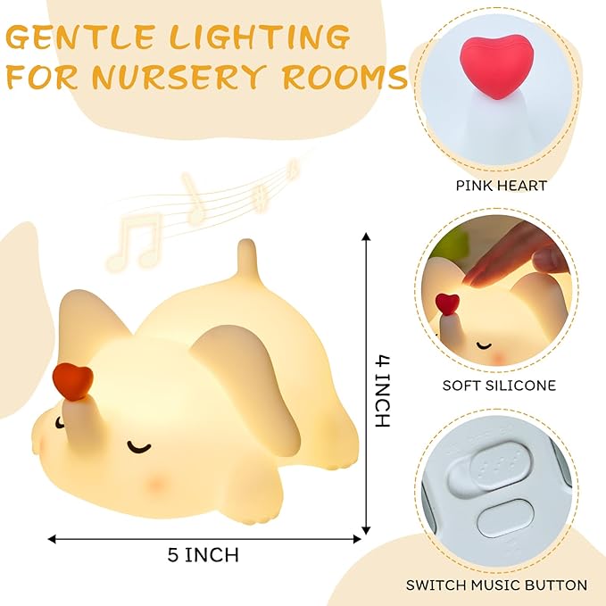 Elephant Night Light for Kids with Music - Squishy Silicone Nursery Lamp, Cute Animal Light 3-Level Dimmable & Rechargeable for Baby Bedroom