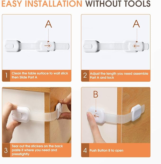 Baby Safety Strap Locks Child Safety Cabinet Proofing Child Proof Drawer Locks, Multi-Purpose Easy Install, White