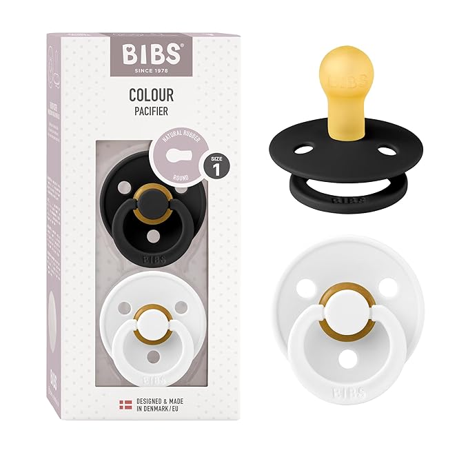 BIBS Pacifiers Colour Collection | Natural Rubber Baby Pacifier | Set of 2 BPA-Free Soothers | Made in Denmark | 0+ Months (Pack of 2) | Black/White