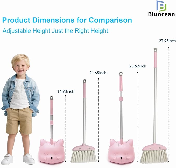 28′′ Mini Broom and Dustpan Set for Kids-Ideal Kids' Toys as Gifts, Parent-Child Interactive Cleaning Tool, Cute Cartoon Design, Household Helper for Toddlers, Small Safe Corner Broom(Pink Puff)