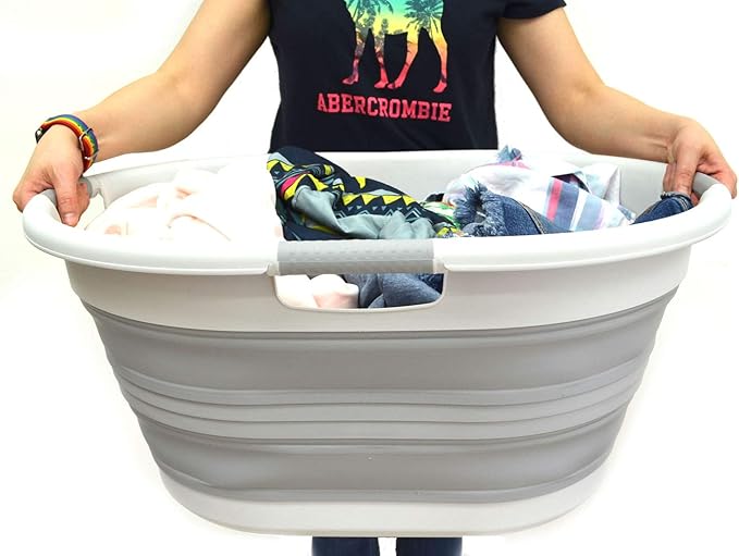SAMMART 57L (15 Gallons) Collapsible 3-Handled Plastic Laundry Basket - Oval Tub - Portable Washing Tub-Space Saving Laundry Hamper, Water Capacity 44L / 11.6 Gallon (1, Grey)