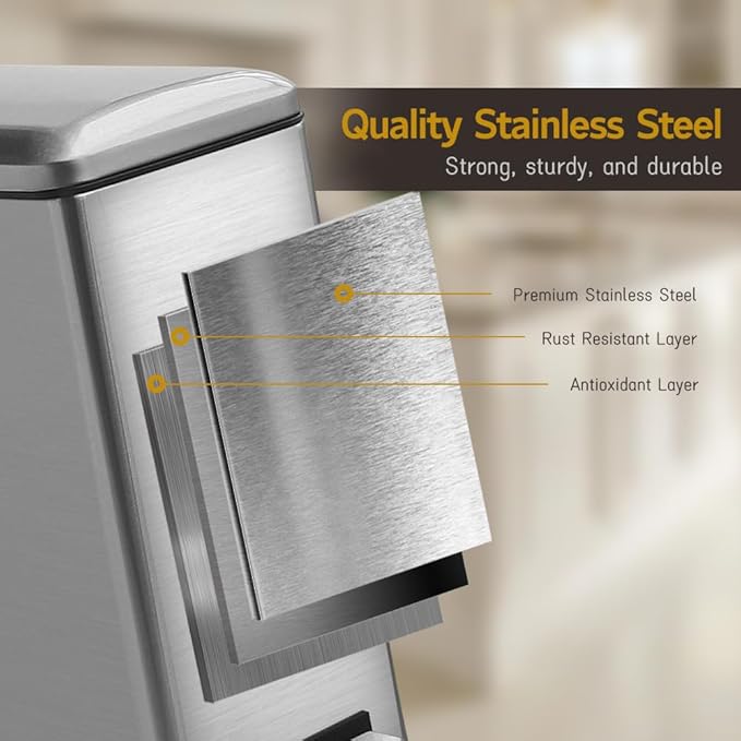 Bathroom Trash Can, 2.6 Gallon Trash Can with lid, Stainless Steel Garbage Can with Removable Liner Bucket, Pedal Rectangle Trash Bin for Bathroom, Office, Kitchen, Bedroom, 10 Liter