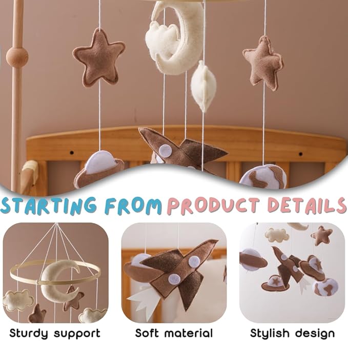 GOODMOM Adventure Sky Wooden Crib Mobile – Handcrafted Baby Mobile with Airplane, Earth & Spaceship Elements, Beige & Brown Nursery Décor, Perfect Gift for Newborns & Baby Showers (Airplane)