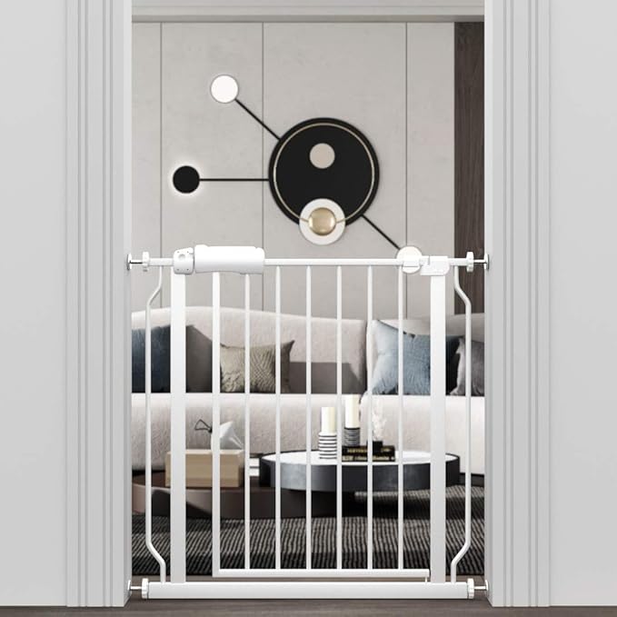 ALLAIBB Narrow Walk Through Baby Gate Auto Close Tension White Metal Child Pet Safety Gates with Pressure Mount for Stairs,Doorways and Baniste(29.13-33.86"/74-86cm)