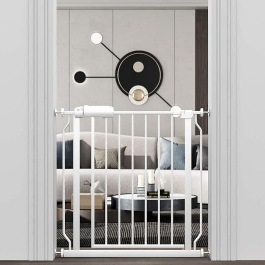 ALLAIBB Narrow Walk Through Baby Gate Auto Close Tension White Metal Child Pet Safety Gates with Pressure Mount for Stairs,Doorways and Baniste(29.13-33.86"/74-86cm)