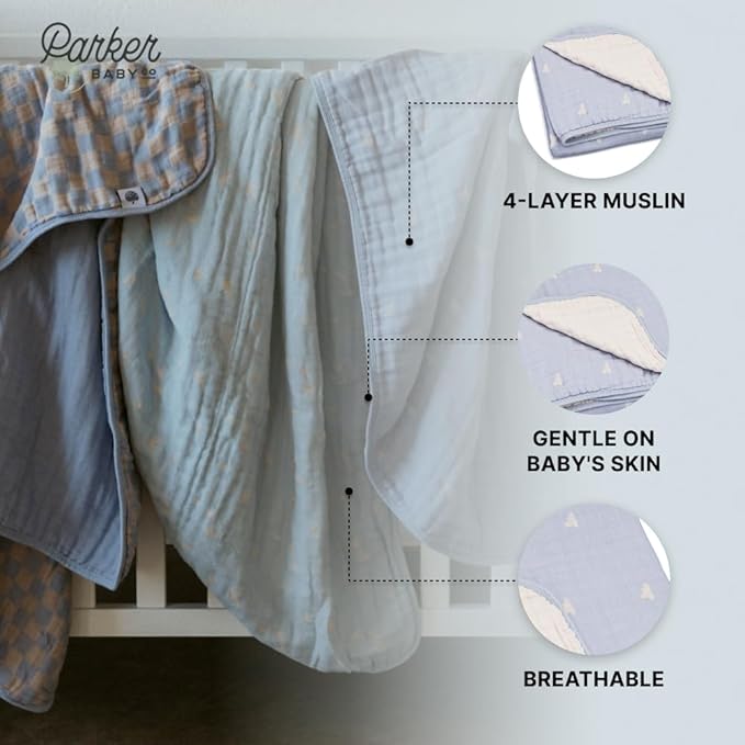 Parker Baby Muslin Blanket | 100% Soft Cotton Toddler Quilt & Baby Muslin Swaddle | Gender Neutral Design 47" x 47" Blanket