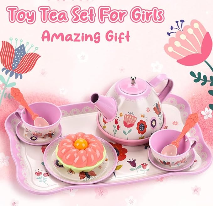 Pretend Play Tea Set for Little Girls, Gift for Age 3-8, Flower Themed, 19 PCS