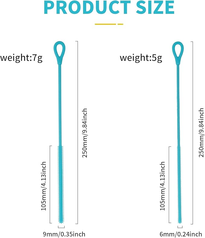 2Pcs Silicone Straw Cleaner Brush, 9.84in Reusable Straw Cleaner with Bendable Steel Core, Extra Long Soft Bottle Brush for Clearing Glass Straws, Smoothie Straws, 9mm&6mm (Blue)