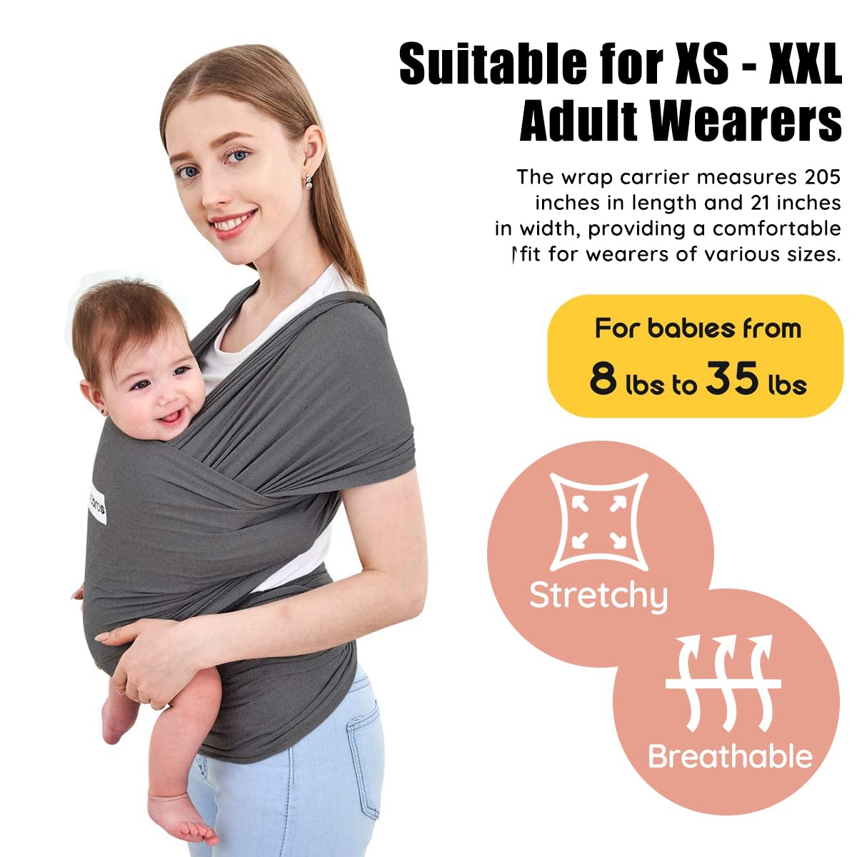 Acrabros Baby Wrap Carrier,Hands Free Baby Carrier Sling,Lightweight,Breathable,Softness,Perfect for Newborn Infants and Babies Shower Gift,Heather Grey