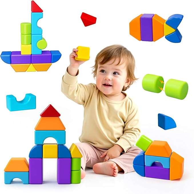 Magnetic Blocks, Large Building Blocks for Toddlers 1-3, Multi-Shape 3D Stacking Blocks Set, Montessori Learning Sensory Magnet Toys for Boys Girls, Kids Gift (14pcs)