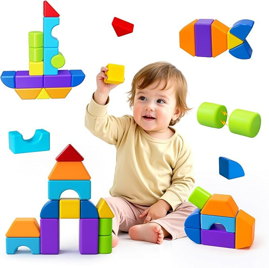 Magnetic Blocks, Large Building Blocks for Toddlers 1-3, Multi-Shape 3D Stacking Blocks Set, Montessori Learning Sensory Magnet Toys for Boys Girls, Kids Gift (14pcs)