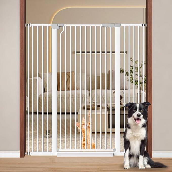 Fairy Baby 51.18" Extra Tall Cat Pet Gate, 48.5"-56.2" Extra Wide Long Dog Gate for The House, Doorways, Hallways, Metal Large Pet Barrier Fence Indoor Kids Toddlers Gate Auto Close No Climb, White
