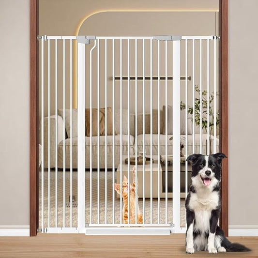 Fairy Baby 51.18" Extra Tall Cat Pet Gate, 48.5"-56.2" Extra Wide Long Dog Gate for The House, Doorways, Hallways, Metal Large Pet Barrier Fence Indoor Kids Toddlers Gate Auto Close No Climb, White
