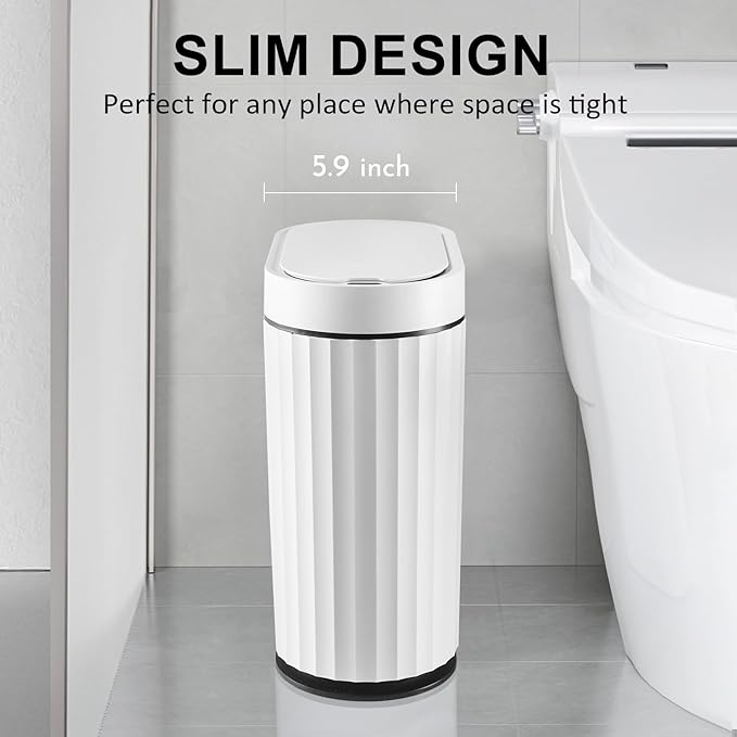 ELPHECO Bathroom Trash Can with Lid 2 Gallon Small Sensor Garbage Can, 9 Liter Slim Smart Trash Bin, Waterproof Automatic Wastebasket, Narrow Plastic Garbage Bin for Bathroom, Black and White