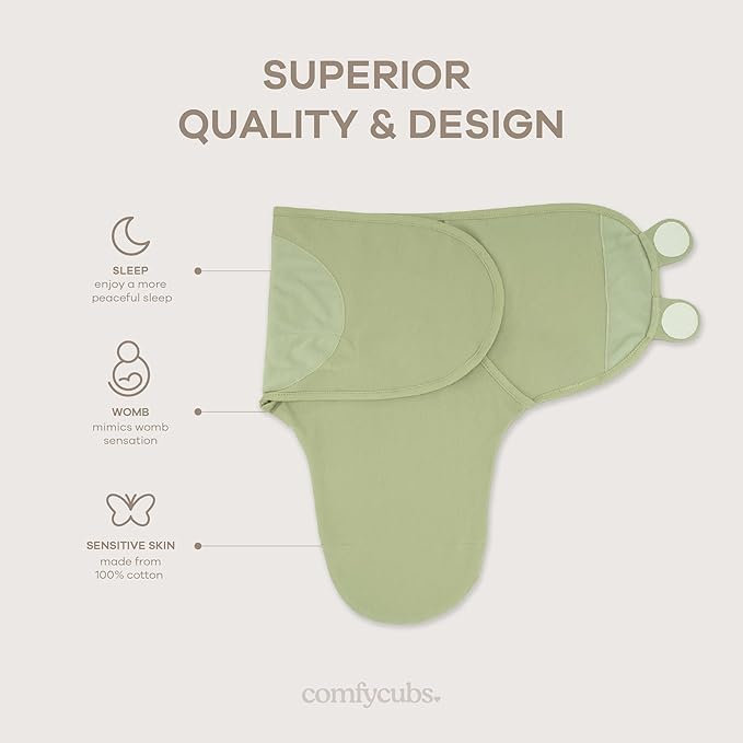Comfy Cubs Easy Swaddle Blanket, 3 Pack - 100% Cotton Newborn Wrap, Small for 0-3 Months Infants, with Adjustable Velcro, Breathable and Durable Sleep Sack for Babies - Stone, Sage, Azul
