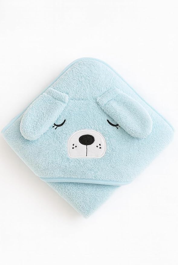 Hooded Baby Bath Towel for Boys – Soft & Absorbent Blue Animal Design | Plush Newborn & Toddler Bath Wrap