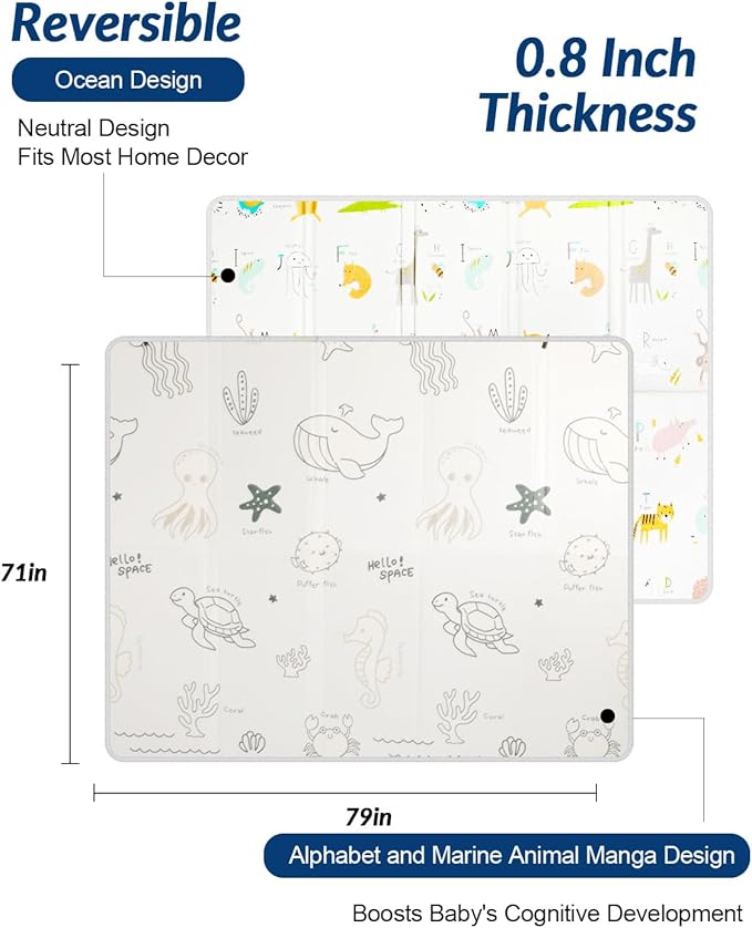 Foldable Baby Play Mat, 79x71 Inch Thick 0.8 Inch XPE Foam Waterproof, Extra Large Crawling Mat for Floor Kids Infant Training Non-Slip Reversible