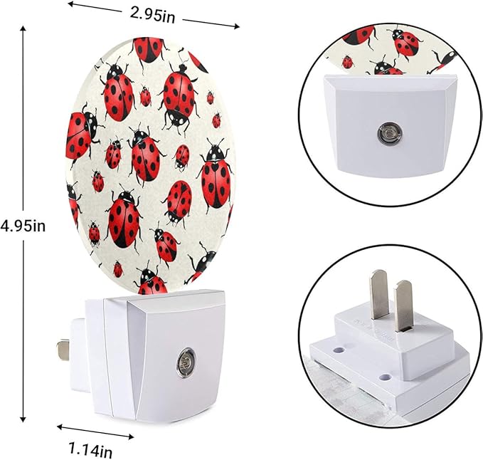 EKOBLA Ladybug Night Lights Plug into Wall Cute Ladybug Flying Animal Red Black Dots Wings Yellow Flowers Auto Sensor LED Dusk to Dawn Light for Bedroom Bathroom Kitchen Corridor