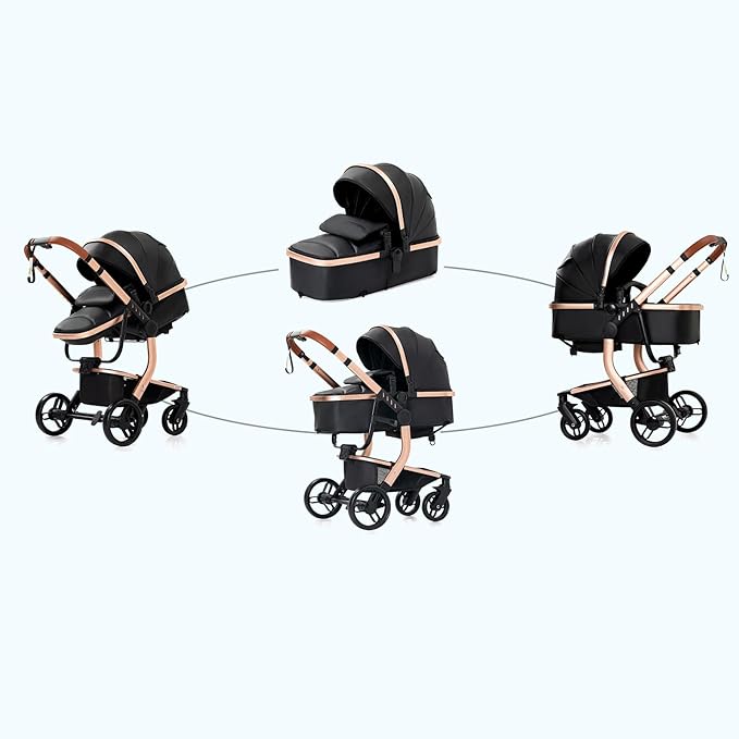 PU Leather 2 in 1 Baby Stroller, Convertible Pram, Reversible Standard Stroller, Portable Buggy, Infant Carriage, Foldable High Landscape Pushchair Toddler Newborn (2US518-Grey)