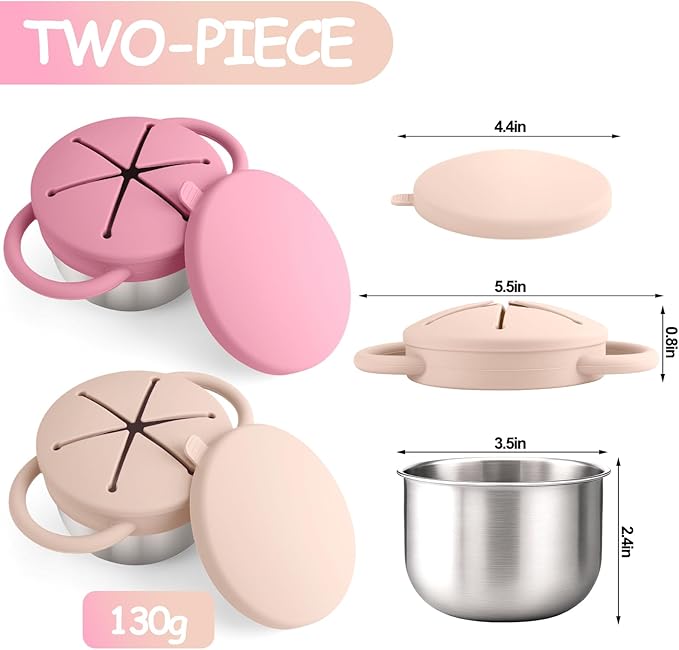 Mity rain 2-Pack Stainless Steel Snack Containers for Toddlers with Spill-Proof Silicone Lids & Handles - 3-in-1 Baby Snack Cups, No-Spill Toddler Snack Box, Perfect for On-the-Go Healthy Eating