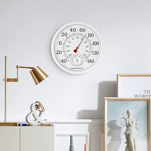 10.5 Inch Indoor Outdoor Thermometer Large Numbers - Weather Thermometer Hygrometer Waterproof, No Battery Needed Outdoor Thermometers for Patio, Home, Garden Decoration (White)