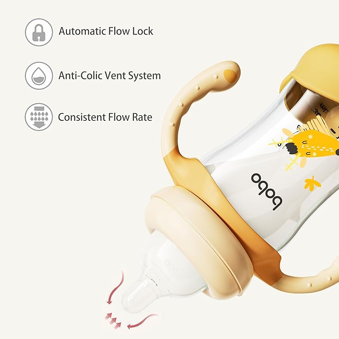 YOHKOH Natural Glass Baby Bottle with Natural Response Nipple, Wide Neck Baby Bottles with Handle, Newborn Anti-Colic Baby Bottles Gift Set, Clear (5.4oz (Pack of 4), Yellow)