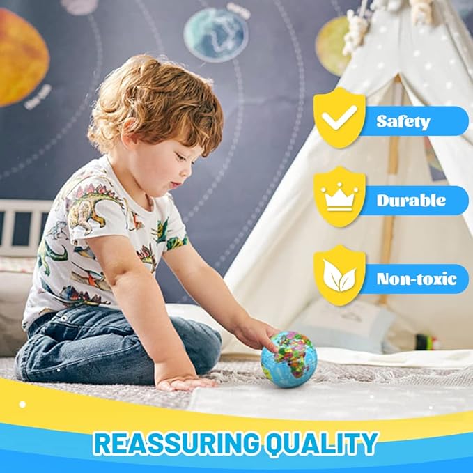Mini Earth Soft Squishy Ball 3 Pack - 3.7 Inch Foam Globe Stress Balls for Boys Girls- Educational Geography Squishies Toys- Squeeze Sensory Learning Toy World Map for Kids Adults