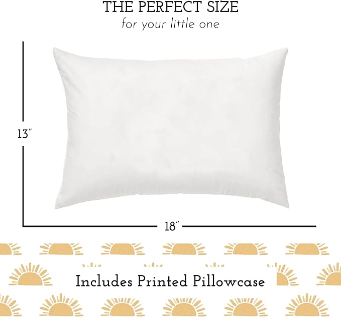 Little Sleepy Head Toddler Pillow with Pillowcase 13x18 - Kids Pillow for Sleeping - Better Neck Support Ergonomic Pillow and Toddler Pillowcase - Best Pillows for Kids (Sunshines)
