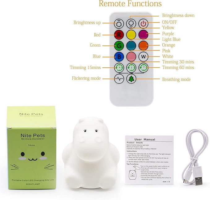 Night Light, Kids Bedside Lamp, Baby Nursery Lamp for Breastfeeding Safe, Break Resistant, Eye Caring, Adjustable Brightness & Color, Timing Function, Remote Control + Touch Control - Hippo