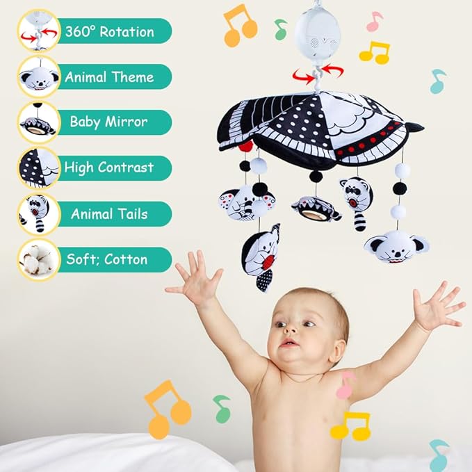 Baby Crib Mobile, Baby Mobile for Crib with Mirror, Black and White High Contrast Mobile Toy for Newborn Infants Boys and Girls, Baby Mobile Hanging Rotating Crib Toys Nursery Crib Toys, Knob Type