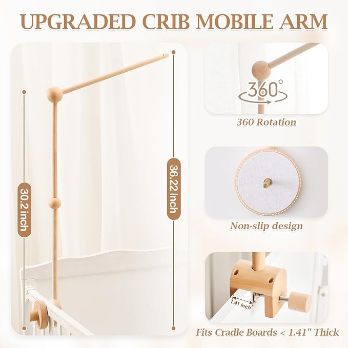 let's make Baby Crib Mobile Arm - 36 Inch Wooden Mobile Arm Upgraded Adjustable Mobile Holder for Crib Mobile Hanger Baby Crib Attachment Nursery Decor
