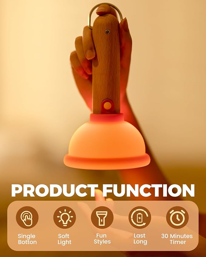 Amaredom Plunger Night Light, Cute Plunger Lamp, Wooden Bar Silicone Funny Nightlight, Rechargeable LED Funny Flashlight with 30 Minutes Timer & One Button Control, Bedroom, Washroom, Living Room