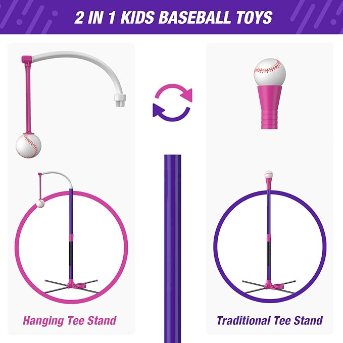 4 in 1 T Ball Sets for Kids 3-5 with Toss and Catch Ball Set, Hanging Tee Stand with Auto Pitching Machine/ 2 Bats, Indoor Outdoor Toys Baseball Gifts for Toddler Boys Girls, Purple