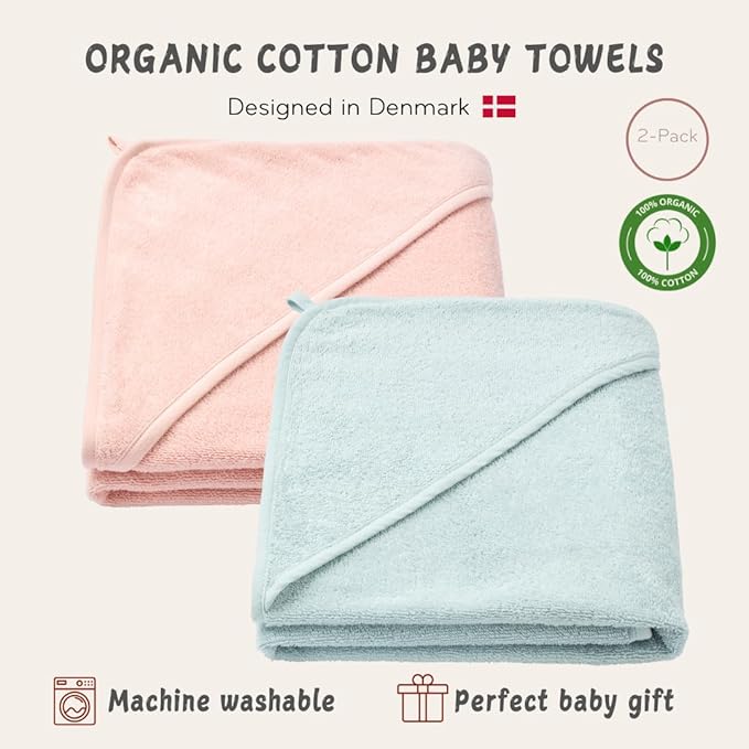 Baby Hooded Towel – Organic Cotton Baby Bath Towels, 32" x 32" Super-Soft and Absorbent Baby Towels for Newborn 2-Pack (Blush/Baby Blue)