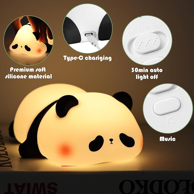 YISUN Cute Panda Night Light with White Noise, LED Squishy Night Light, Soft Silicone Nursery Nightlight Rechargeable LED Touch Light with 3 Level Dimmable for Kids Room