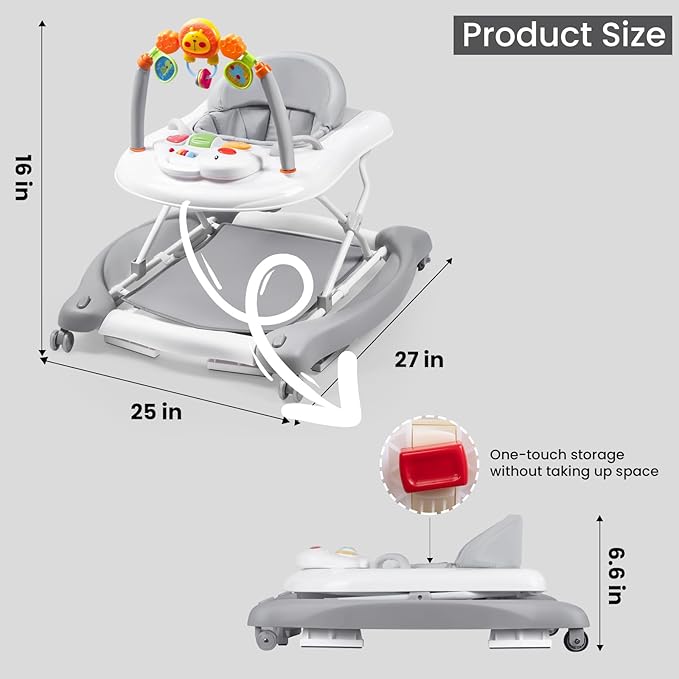 Baby Walker, 5-in-1 Baby Walkers for Boys and Girls 6-12 Months with Bouncer, Removable Footrest, Feeding Tray & Music, Foldable & Adjustable Activity Walker for 6-18 Months Toddler Infant