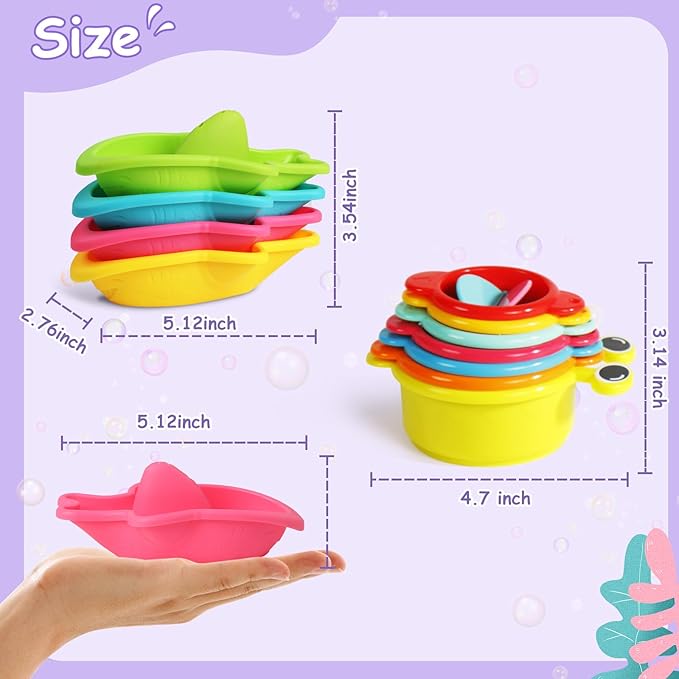 11 PCS Toddler Bath Toys for Kids Ages 1-3 Baby Shower Toys Mold Free Bathtub Toys for 12-18 Months Pool Water Table Sand Toys Stacking Cups & Floating Boats for Kids 2-4 Christmas Stocking Stuffers