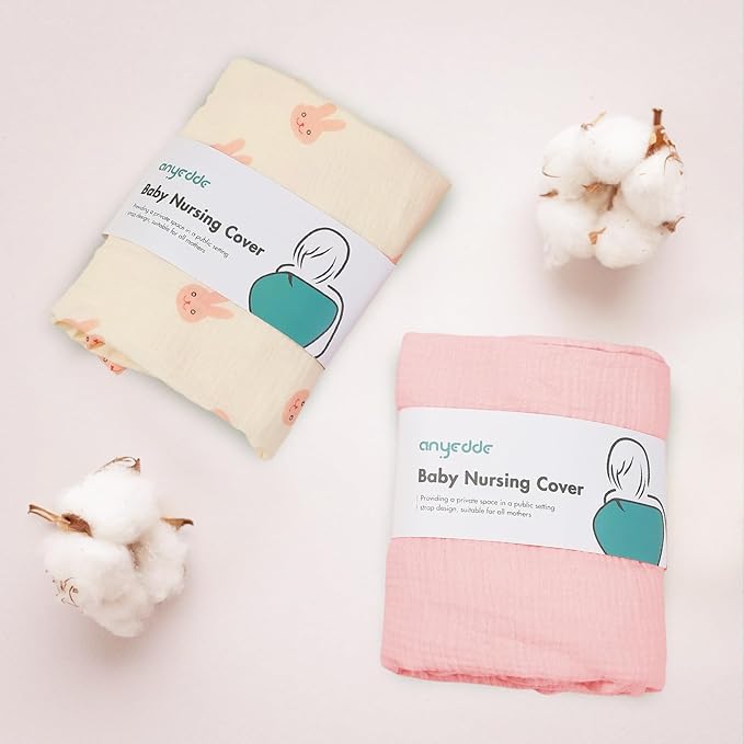 2-Pack Nursing Covers for Breastfeeding - Lightweight, Breathable Baby Breastfeeding Covers with Arch Neckline & Adjustable Straps, Pink & Bunny Design, Privacy Nursing Cover for Women