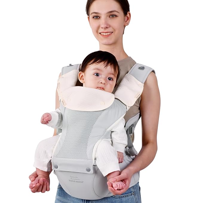 Bebamour Baby Carrier with Hip Seat,All-Position Breathable Mesh Hip Seat & Carrier 0-36Months with Head Hood, 3 PCS Teething Pads, Waist Extender,Storage Bag & Pacifier Case (Grey)
