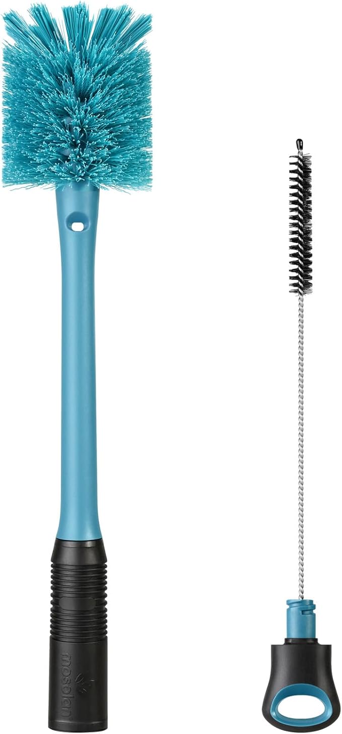 2-in-1 Water Bottle Brush and Straw Cleaner Brush, Long Handle Scrub Brush with Replaceable Head for Water Bottles, Glasswares, Mugs, Flasks, Tumblers, Vases, and Kitchen Sink, Smokey Blue