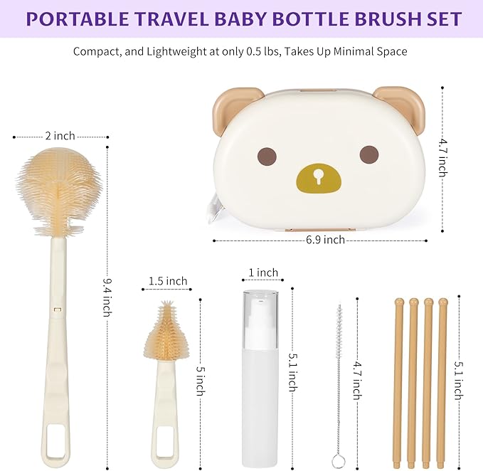 VOOWO Baby Bottle Brush & Drying Rack, Travel Bottle Cleaner Kit, Silicone Nipple & Straw Cleaner (White)
