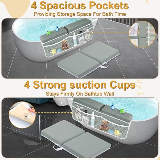 Baby Bath Kneeler and Elbow Rest Pad Set | Bath Kneeling Pad for Bathing Baby with Toy Organizer Pockets，Soft Non-Slip Baby Bathtub Mat for Baby Bathing，Gifts for Parents