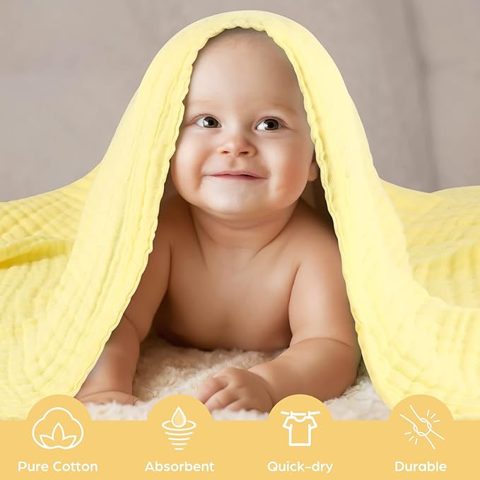 MUKIN Baby Bath Towels, Super Soft Cotton Receiving Blanket for Baby's Delicate Skin,2Pack Swaddle Blanket for Newborns Toddlers Boy Girl,Baby Registry as Shower (White+Yellow)