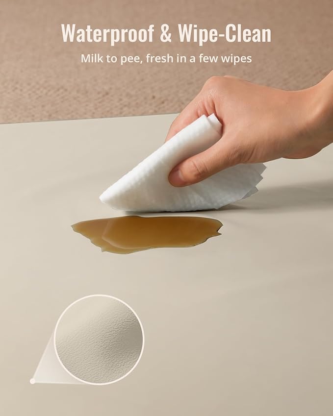 Blissful Diary Vegan Leather Baby Play Mat, 47x47 Thick Foam Cushioned & Waterproof Playpen Mat for Infants and Toddlers, Stylish and Just Wipe-Clean Playmat for Baby Play on Floor, Beige